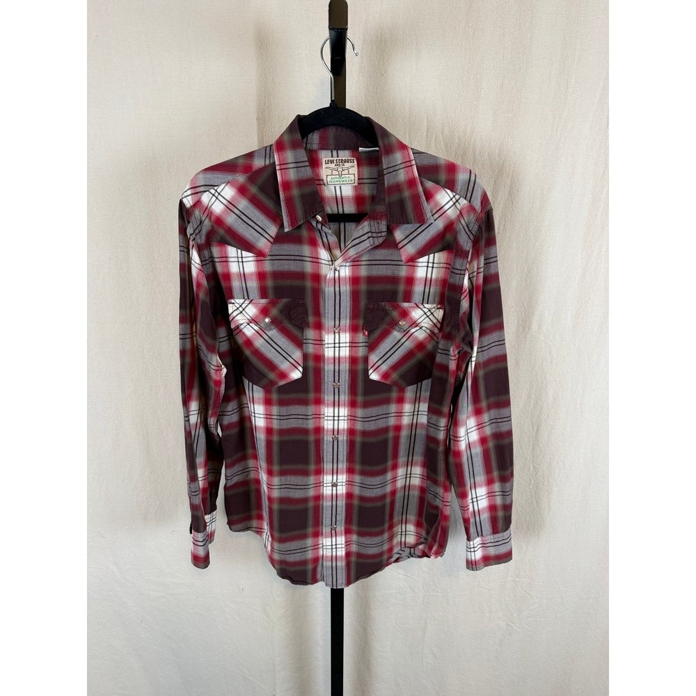 Levi Strauss Mens Plaid Western Snap Button Shirt Size S‎ Red Brown Long Sleeve